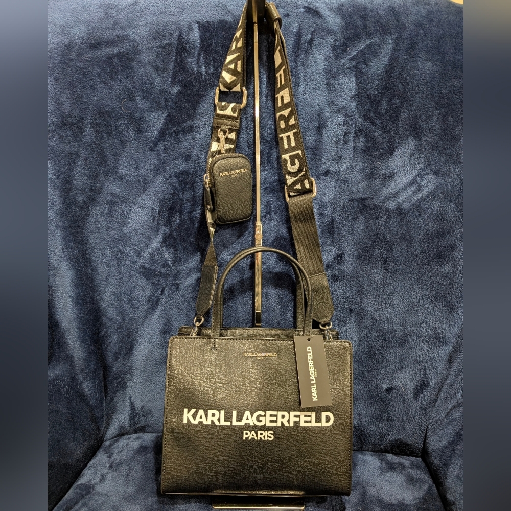 Karl Lagerfeld Black Satchel/Crossbody with Ear Bud case/ Guitar Strap, NWT